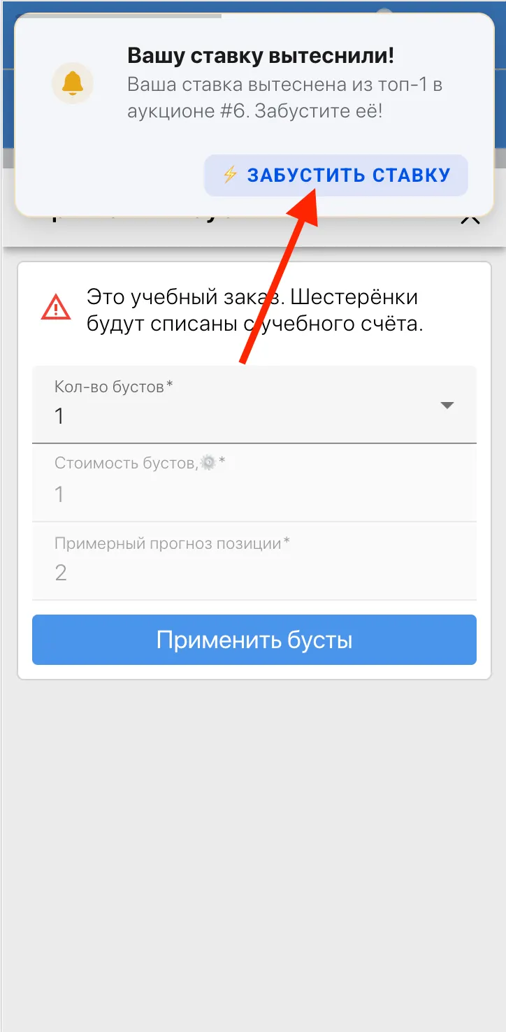 Пример уведомления о вытеснении ставки в самом приложении